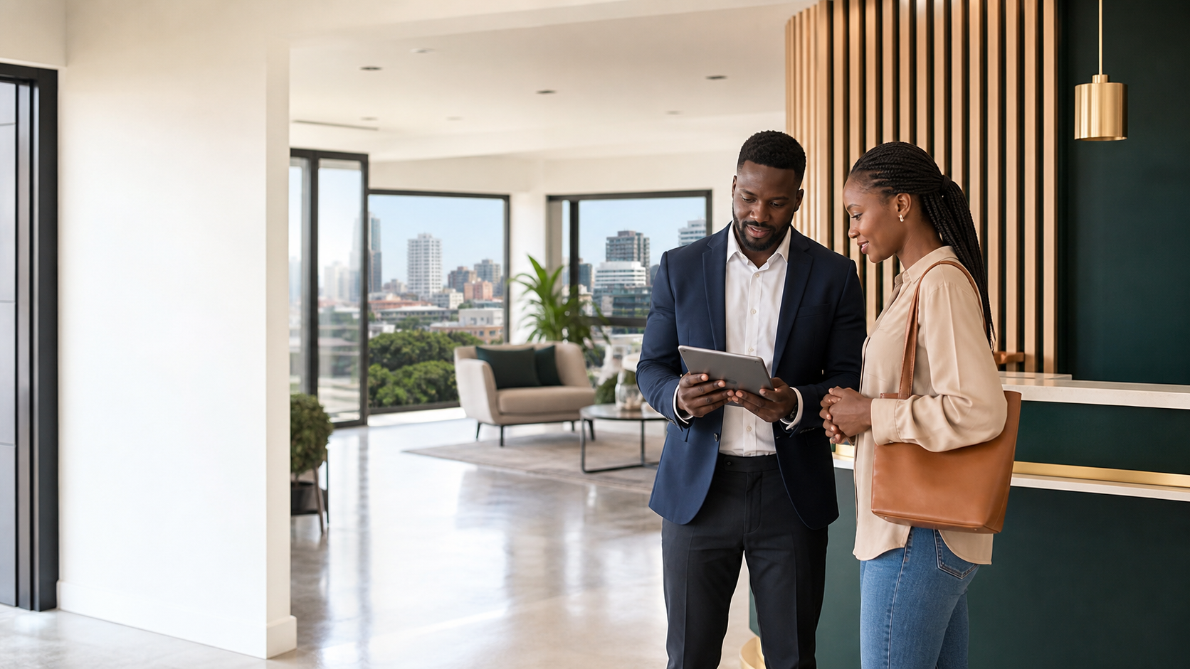 Agent et client consultant LogeFacile dans un appartement moderne