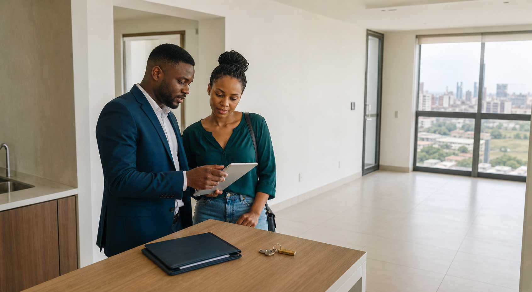 Propriétaires visitant un appartement moderne en ville