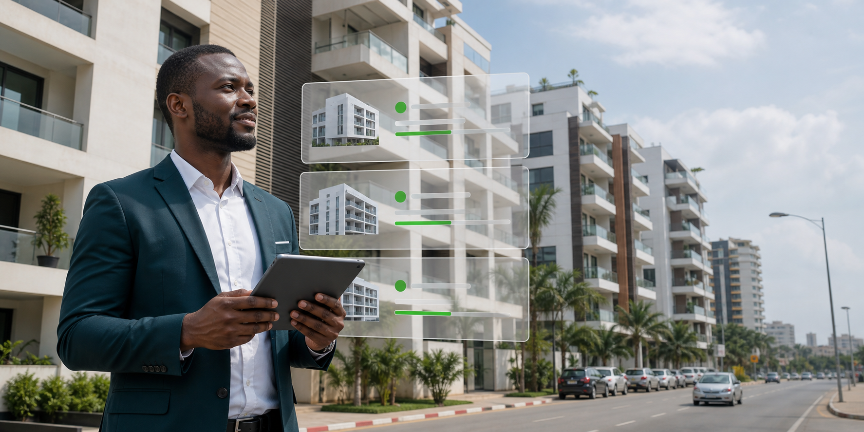 Gestionnaire immobilier avec tablette devant des immeubles modernes