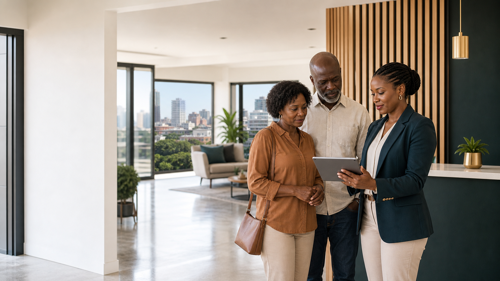 Couple de propriétaires avec agente immobilière utilisant LogeFacile